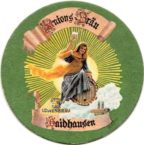 Historischer Bierdeckel „Unions-Bräu Haidhausen“ Grüner historischer Bierdeckel mit der Aufschrift Unions-Bräu Haidhausen: das Münchner Kindl mit Maßkrug auf einem Bierfass.